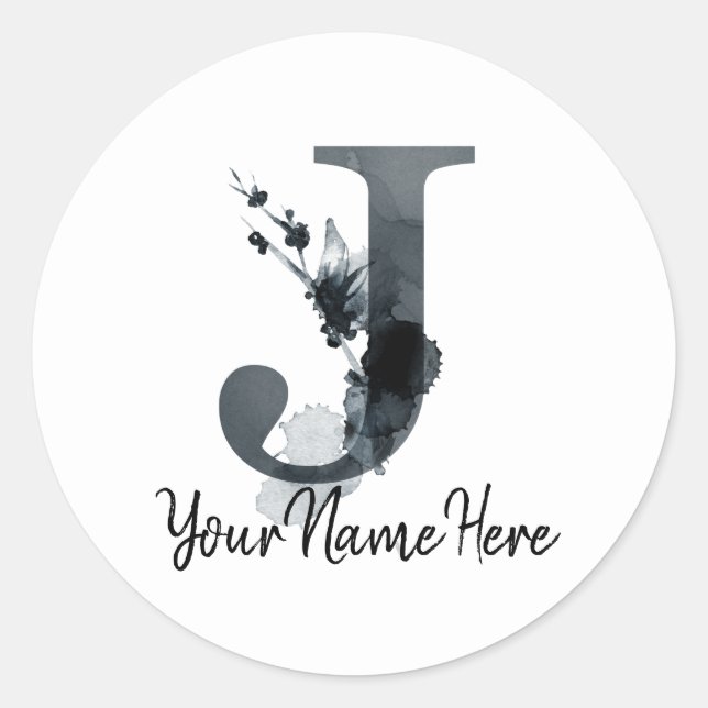 Monogram J Dark Herb Foliage Classic Round Sticker (Front)