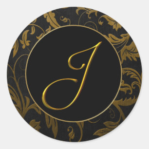 Monogram J Gold and Black Damask Wedding Seal