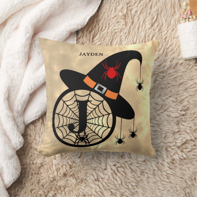 Monogram J Halloween Sky Witch Spiders Name Throw Pillow (Blanket)