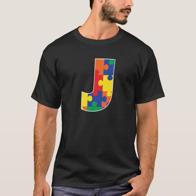 Monogram J in Multi Color Puzzle Pieces T-Shirt (Front)