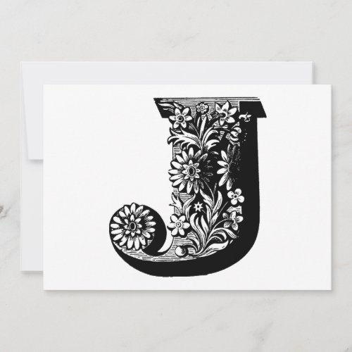 Monogram J Initial Black and White Floral Note  Holiday Card