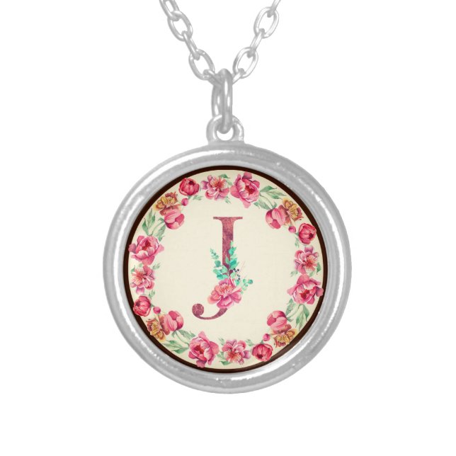 Monogram J Letter with Peony Flower Charm Silver Plated Necklace (Front)