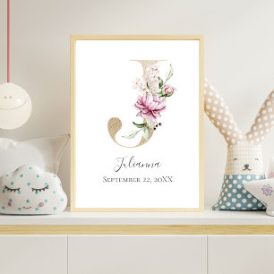 Monogram J Pink White Floral Gold Letter Nursery  Poster