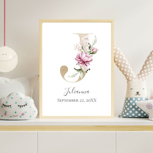 Monogram J Pink White Floral Gold Letter Nursery  Poster