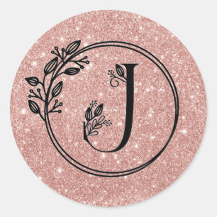 Monogram J Rose Gold Blush Pink Glitter Floral Classic Round Sticker
