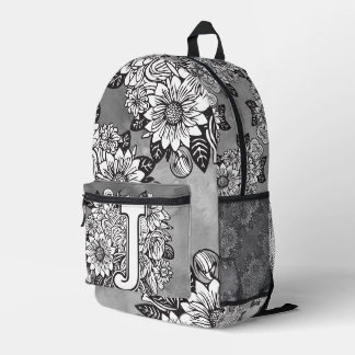 Monogram "J" Sunflower Pattern Black and White DIY Printed Backpack