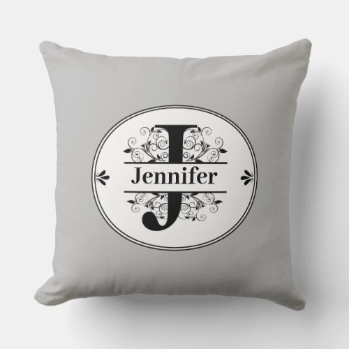 Monogram J with full name and colorchoice Throw Pillow