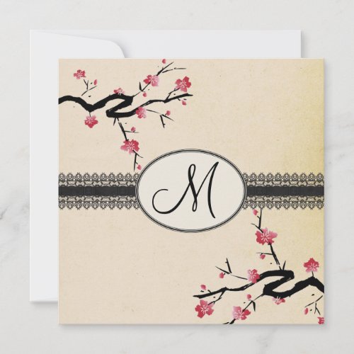 monogram japanese cherry blossom wedding invitation