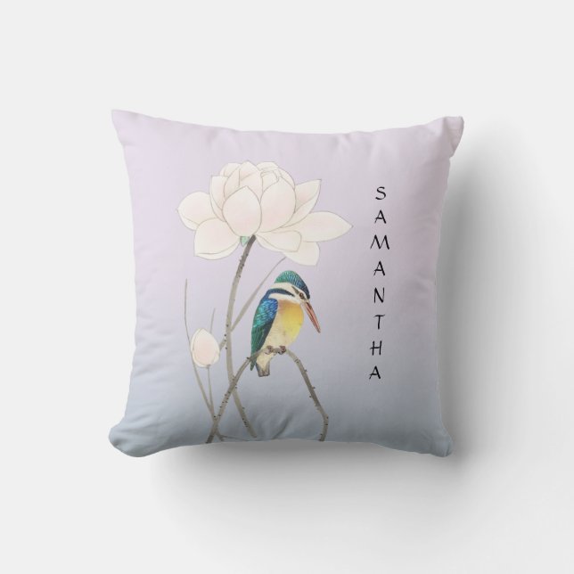 Monogram Japanese Vintage Kingfisher Throw Pillow (Front)