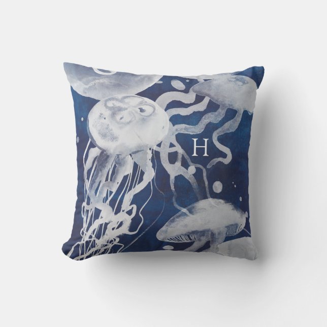 Monogram | Jellyfish on Navy Background Throw Pillow (Front)