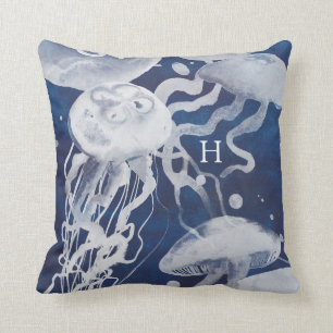 Monogram   Jellyfish on Navy Background Throw Pillow