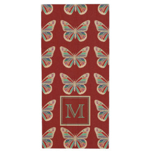 Monogram Jewel Butterflies on Burgundy Wood Flash Drive