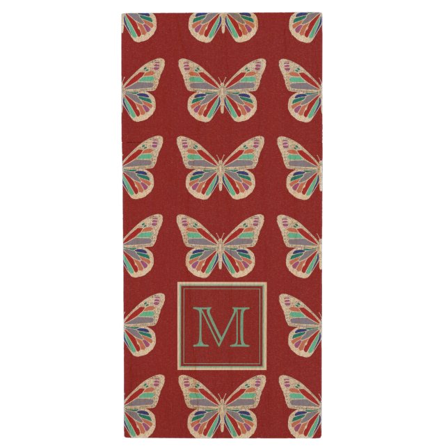 Monogram Jewel Butterflies on Burgundy Wood Flash Drive (Front Vertical)