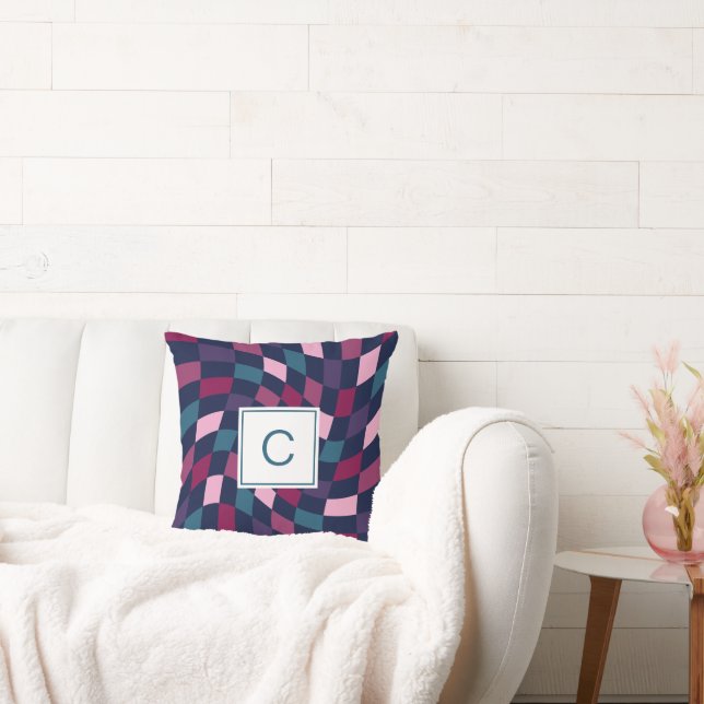 Monogram Jewel Tones Warped Checkerboard Throw Pillow (Couch)