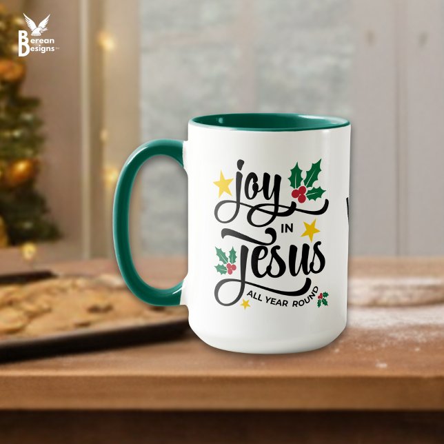 Monogram JOY IN JESUS Christian Christmas  Mug (JOY IN JESUS Christian Christmas mug with customizable monogram. Ideal festive gift for Christians.)