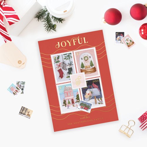 Monogram Joyful Christmas Scenes Postage Stamps Foil Holiday Card