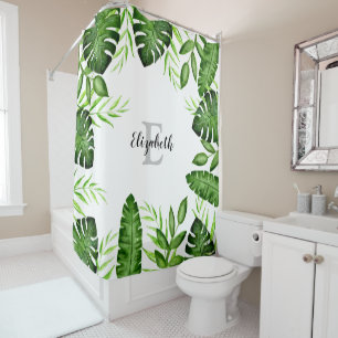 Monogram Jungle Tropical Leaves Plants Script Shower Curtain