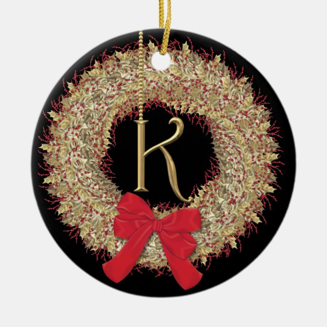 Monogram K Christmas Wreath Snowflakes Ceramic Ornament (Front)