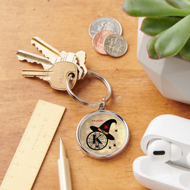 Monogram K Halloween Sky Witch Spiders Name Keychain (Desk)