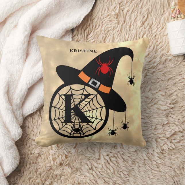 Monogram K Halloween Sky Witch Spiders Name Throw Pillow (Blanket)