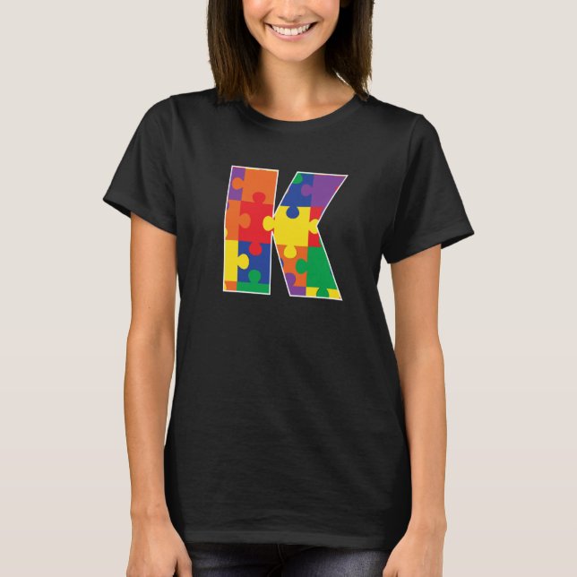 Monogram K in Multi Color Puzzle Pieces T-Shirt (Front)