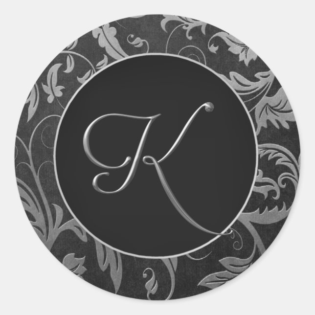 Monogram K Silver and Black Damask Wedding Seal (Front)