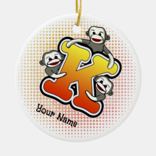 Monogram K Sock Monkey Ceramic Ornament