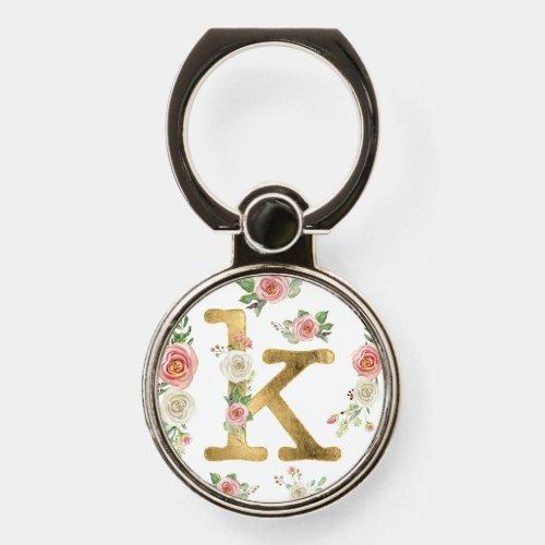 Monogram K Watercolor Floral Elegant Rose n Gold Phone Ring Stand