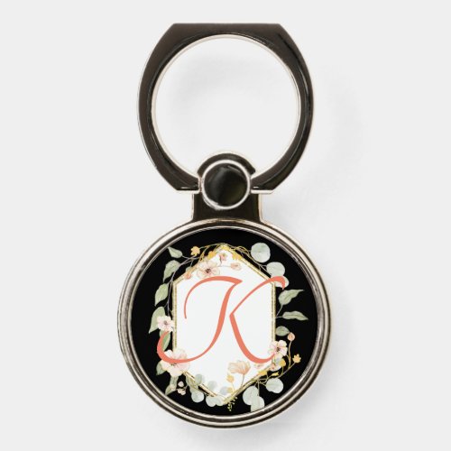 Monogram K Watercolor Geometric Black Coral Floral Phone Ring Stand