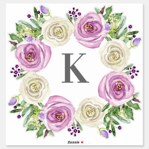 Monogram K Wedding Lavender and White Roses Floral Sticker