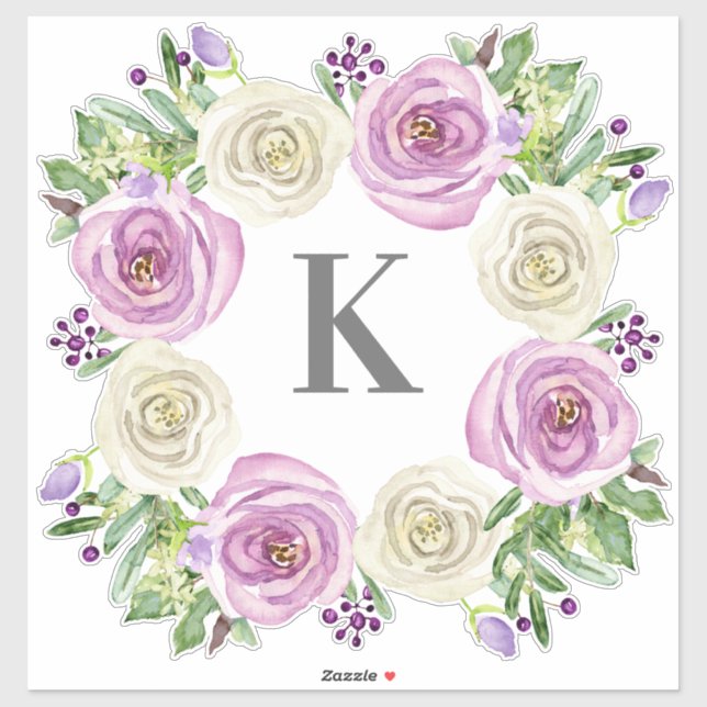 Monogram K Wedding Lavender and White Roses Floral Sticker (Sheet)