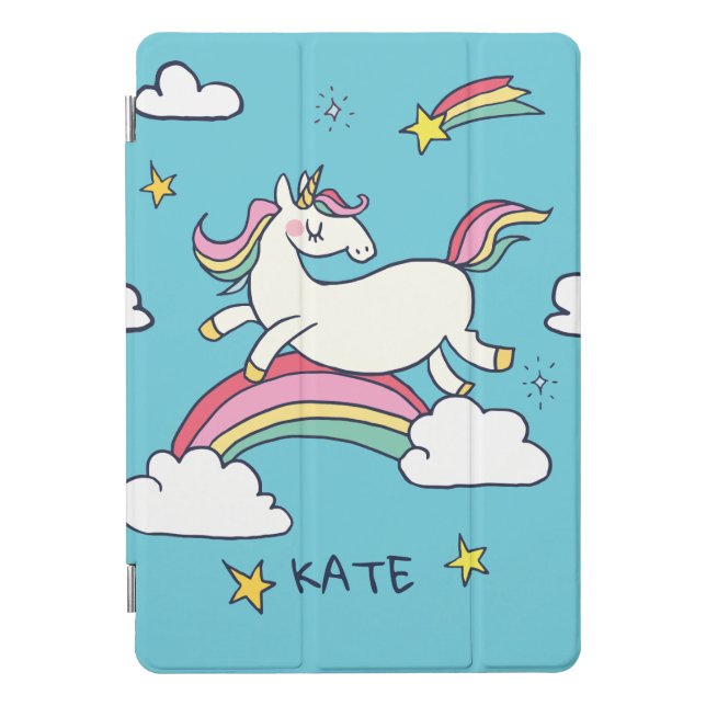 Monogram. Kawaii Cute Doodle Rainbow Unicorn iPad Pro Cover (Front)