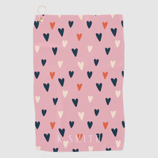 Monogram Kawaii Cute Hearts Pattern Golf Towel (Front)