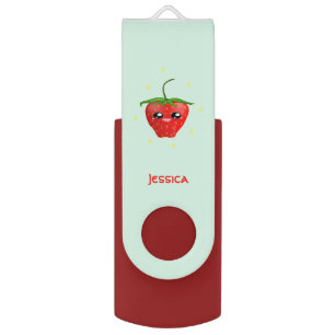 Monogram kawaii strawberry fruit on turquoise flash drive