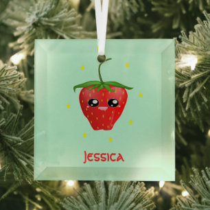 Monogram kawaii strawberry fruit on turquoise glass ornament