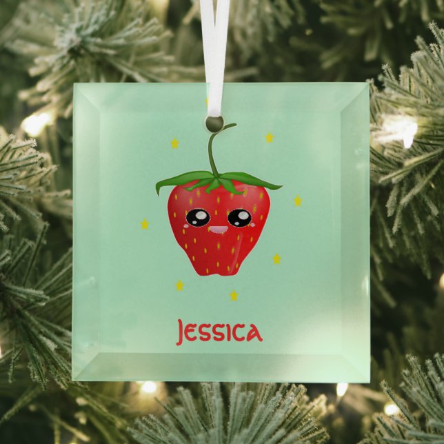 Monogram kawaii strawberry fruit on turquoise glass ornament (Insitu)