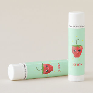 Monogram kawaii strawberry fruit on turquoise lip balm