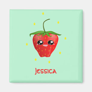 Monogram kawaii strawberry fruit on turquoise magnet