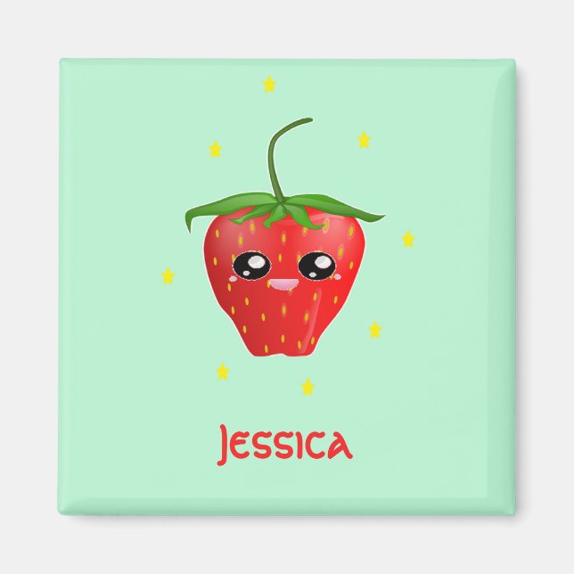 Monogram kawaii strawberry fruit on turquoise magnet (Front)
