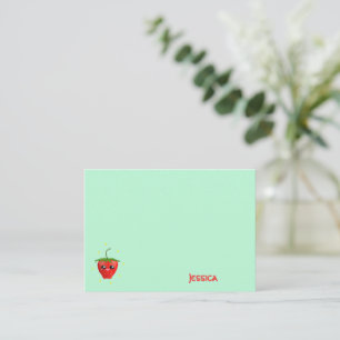 Monogram kawaii strawberry fruit on turquoise note card