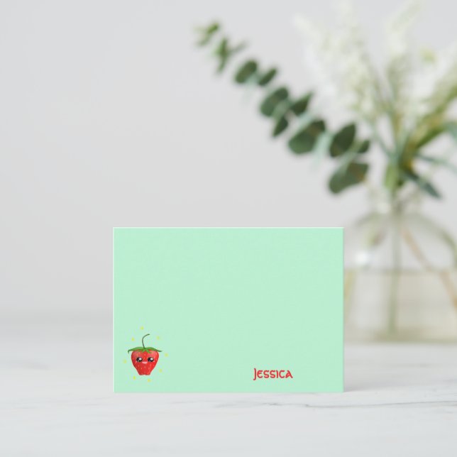 Monogram kawaii strawberry fruit on turquoise note card (Standing Front)