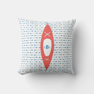 Monogram Kayak and Paddles  in Coral and Blue Throw Pillow