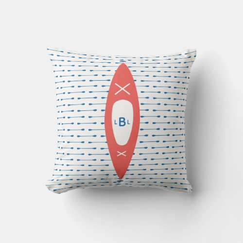 Monogram Kayak and Paddles  in Coral and Blue Throw Pillow