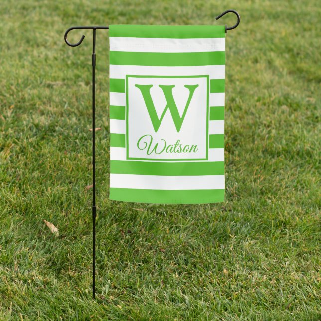 Monogram Kelly Green Stripes Summer Family  Garden Flag (In SItu)