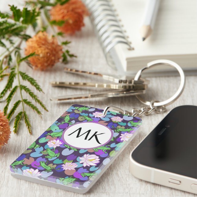 Monogram keychain with cute frogs art (Front Right)