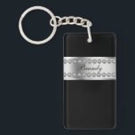 Monogram Keychains Two Side<br><div class="desc">Monogram keychain with pretty printed silver look monogram emblem you can personalize with any name, initials, or message and printed pink diamond jewel bling, along with printed pink elegant black background you can customize. Use as a gift or party favor. Designed as keychains for women or keychains for girls, in...</div>