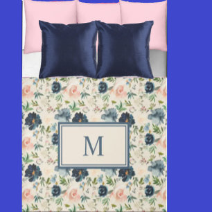 Monogram King Navy Blue Pink Roses Floral Flowers Duvet Cover