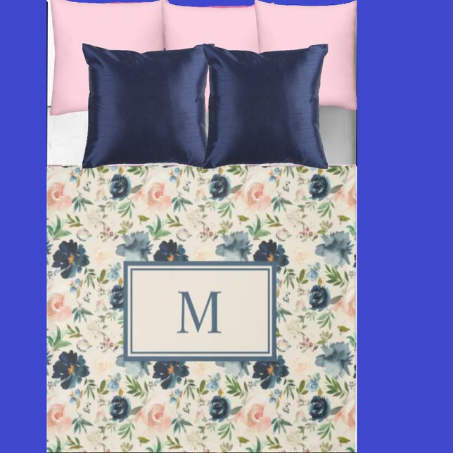 Monogram King Navy Blue Pink Roses Floral Flowers  Duvet Cover (Creator Uploaded)