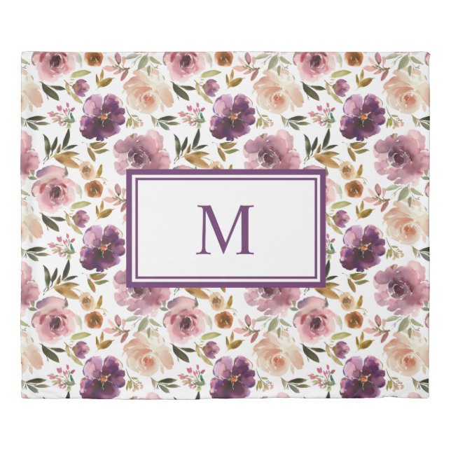 Monogram King Purple Pink Floral Flowers Elegant  Duvet Cover (Front)