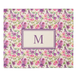 Monogram King Purple Pink Roses Floral Flowers  Duvet Cover